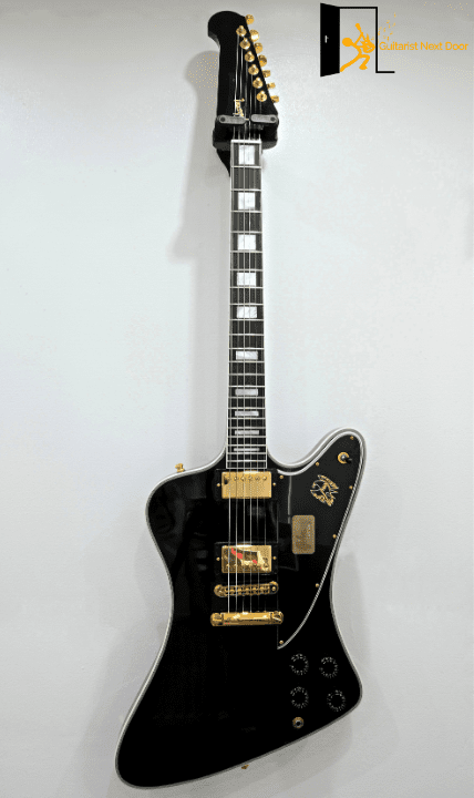displays Firebird electric guitar bodyshape