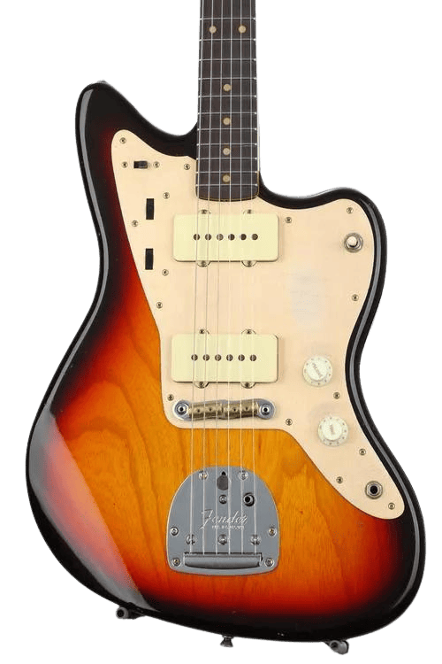 image shows Fender Custom Shop '59 250K Jazzmaster Journeyman Relic Electric Guitar finished in Chocolate 3-color Sunburst